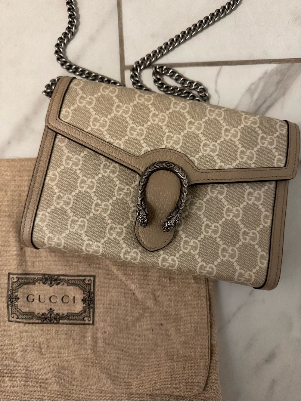 Gucci Beige GG Supreme Dionysus Crossbody Bag with Silver Chain